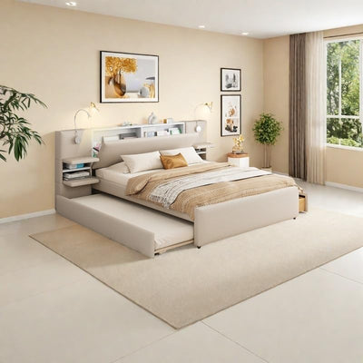 MaiDeHaoo Queen Size Upholstered Bed with with Trundle and 2 Storage Drawers, Luxury Queen Bed Frame with Storage Headboard and Reading Lights, Built-in Nightstands, Beige