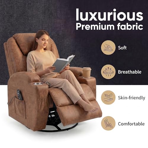 JUMMICO Small Swivel Rocker Recliner, 360 Rocking Chair Recliner with Massage, Upholstered Leathaire Rocker Recliner with Cup Holder for Living Room, Bedroom, Nursery (Dark Brown)