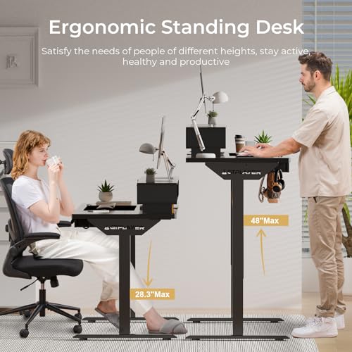 GTPLAYER Electric Standing Desk with Drawers, 48 x 24 Inch Height Adjustable Gaming Desk with Monitor Stand, Power Outlets & LED Lights, Home Office Sit Stand Up Desk with Memory Preset (Black) GTPLAYER