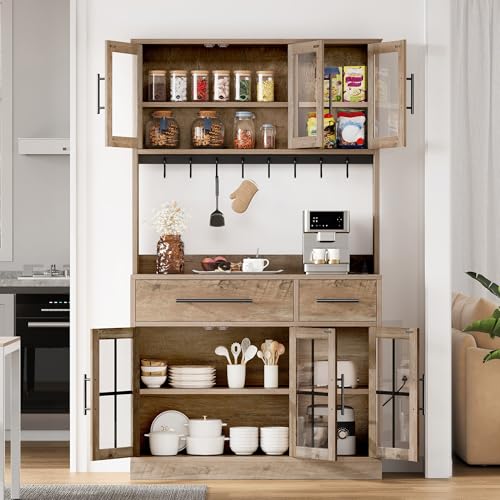 DWVO 71'' Tall Kitchen Pantry Storage Cabinet with Charge Station, Farmhouse Glass Display Food Pantry Hutch with Microwave Stand & Hooks & Drawers & Shelves for Home Living Dining Room, Lvory Grey DWVO