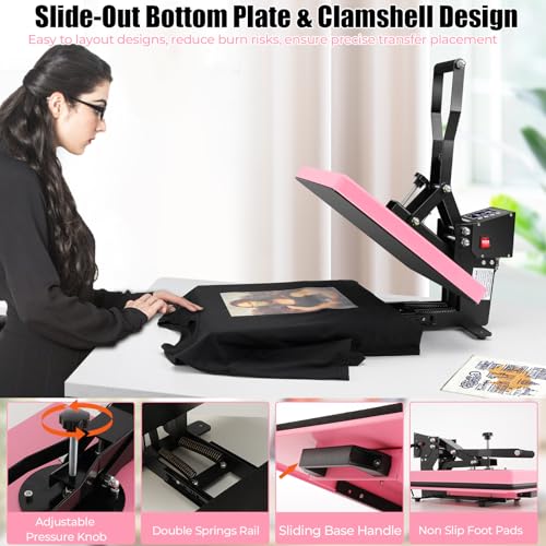 Whubefy Heat Press 15x15 Slide Out, Clamshell Heat Press Machine for T-Shirts, Bags, Mouse Pads & More, Dual-Tube Fast Heating, Digital Industrial Sublimation Printer for Heat Transfer Vinyl Whubefy