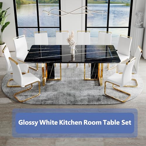 JUFU Dining Table Set for 10, 79'' Dining Table for 8-10 People with Faux Marble Tabletop and Sturdy Leg, White Rectangle Dining Room Table Set for 10 with White PU Chairs, Perfect for Dining Room JUFU