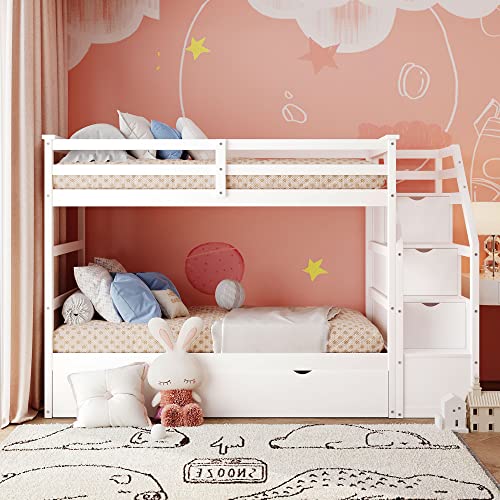 Merax Twin Over Twin Bunk Bed with Trundle, Solid Wood Stairway Bunk Bed Frame with 3 Storage Cabinet Staircase, No Spring Box Required, White Merax