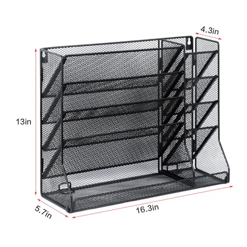 Jakyitvi File Organizer Wall Mounted, 4 Tiers Durable Adjustable Metal Desk Organizer, Desktop Hanging File Holder with 4 Pen Slots Stable, 4 Pull-Out Divider for File, Mail, Black, Patent Pending Jakyitvi