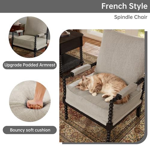 Morden Fort Linen Fabric Spindle Accent Chair with Wood Frame, French Style Accent Chairs with Padded Spring Seat and Armrest Pads, Brushed Base for Living Room Bedroom Farmhouse Office Balcony Morden Fort