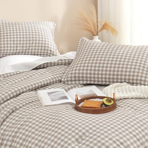 Andency Tan Gingham Comforter Set Full(79x90Inch), Brown Checkered Grid Plaid Buffalo Bed Set for Girls Boys Kids Teens, 3 Pieces Lightweight Microfiber Geometric Preppy Bedding