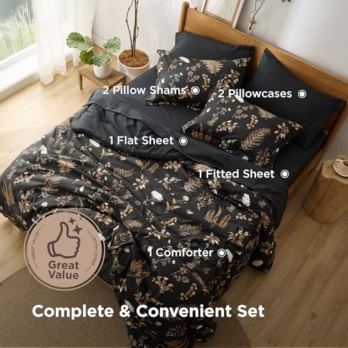 Bedsure Black Queen Comforter Set - 7 Pieces Floral Bedding Sets Queen Bed in a Bag with Reversible Botanical Flowers Comforter, Sheets, Pillowcases & Shams Bedsure