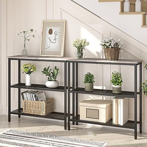 HOOBRO 29.5" Narrow Console Table, 3-Tier Entryway Table, Thin Sofa Table with Shelves, Side Table, Display Table, for Hallway, Entrance, Living Room, Bedroom, Greige and Black BG73XG01 HOOBRO