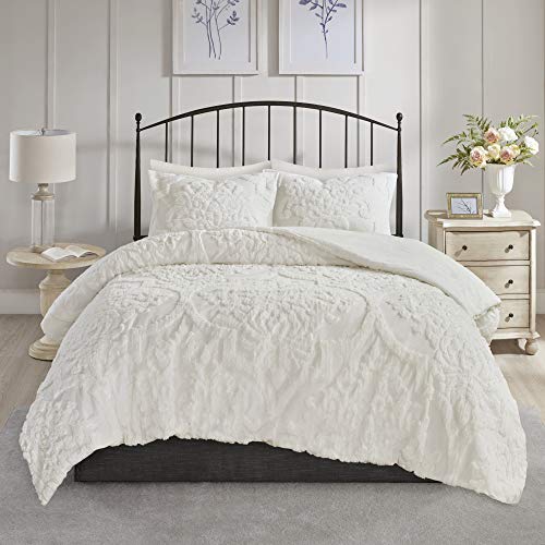 Madison Park Tufted Chenille Cotton Comforter, All Season Bedding Set, Matching Shams, Viola, Damask Off White King/Cal King(104"x92") 3 Piece Madison Park