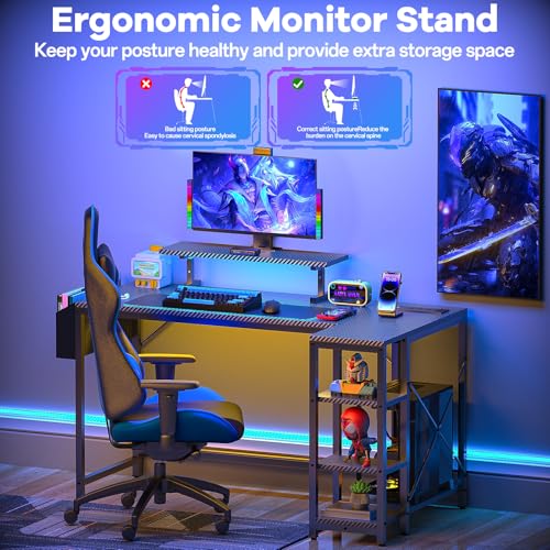 Eivanet L Shaped Gaming Desk with LED Lights & Power Outlet, 40" Reversible Computer Desk with Adjustable Monitor Stand and Storage Shelves Corner Home Office Desk for Small Space Carbon Fiber Black Eivanet