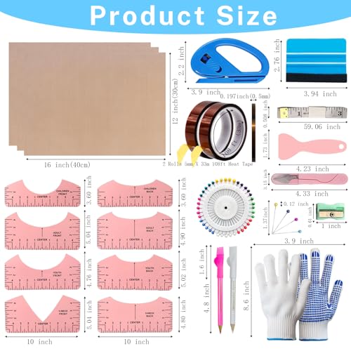 Sublimation Shirt Tool Kits, 8 T Shirt rulers, 3 Pack Teflon Sheet for Heat Press 12 x 16in, Heat Resistant Gloves with Silicone Bumps, 2 Rolls Heat Resistant Tape ofeankri