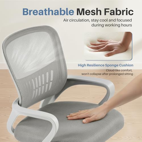 DUMOS Home Office Computer Chair - Ergonomic Mid Back Desk with Lumbar Support and Rocking Mode, Height Adjustable with Fixed Armrest, for Conference Meeting Room, 360° Swivel, Adults, Grey DUMOS