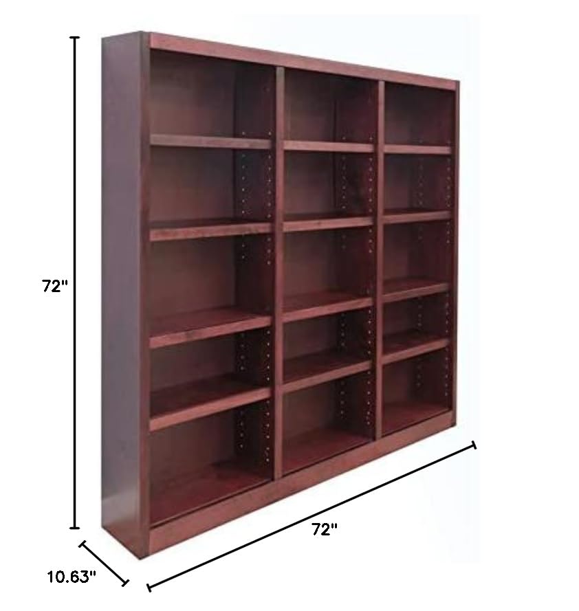 BOWERY HILL 72" Traditional Triple Wide Wood Bookcase with 12 Adjustable Shelves and 3 Fixed Shelves, Ready for Assembly, for Home/Office Use, in Cherry Finish BOWERY HILL