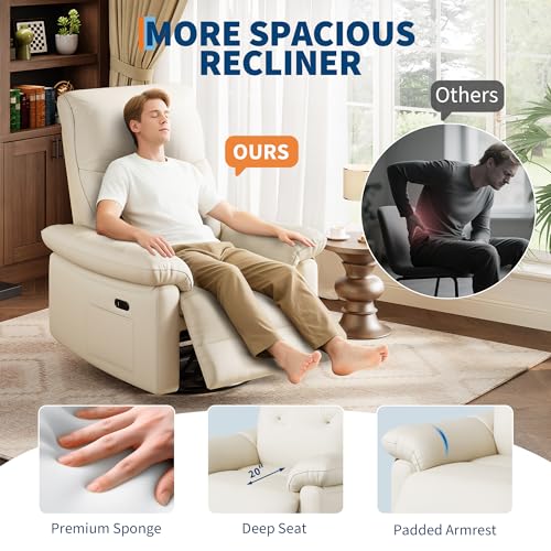 Garvee Power Recliner Chair with 270° Swivel and Rocking, Electric Glider Nursery Chair with USB Charging Port, PU Leather Upholstery and Button Tufted Backrest for Living Room, Cream