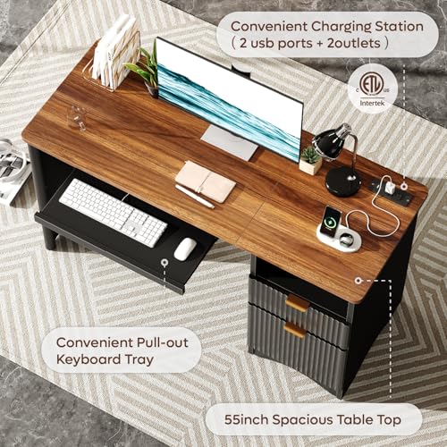 Bestier Computer Desk with Keyboard Tray, 55 inch Office Desk with Power Outlet, Modern Home Office Desk with File Drawer (Walnut with Black, 55" W with Single-Sided Drawers) Bestier