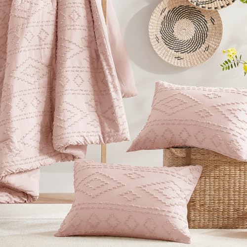 Comfort Spaces Comforter for Queen Size Bed, Geometric Diamond Tufted Boho Comforter Set Queen, All Season Lightweight Bedding Set, Matching Sham, Full/Queen Pink 3 Piece Comfort Spaces