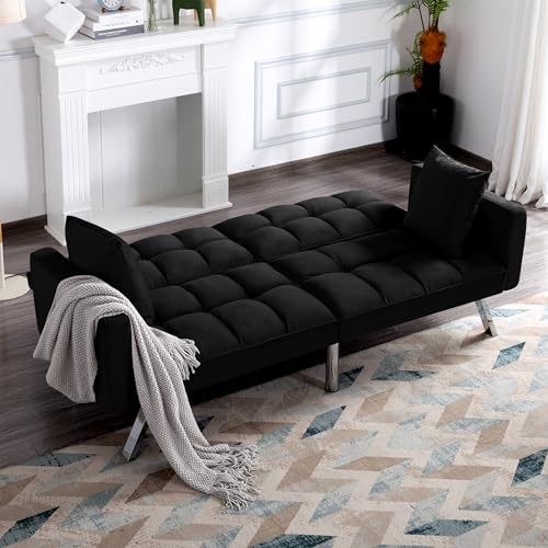 74" Futon Sofa Bed,Convertible Sleeper Couch with Adjustable Backrest and Pillows, Comfy Velvet Cloud Sofa Loveseat,Modern Loveseat for Living Room and Bedroom(Black) Jum Blueemo
