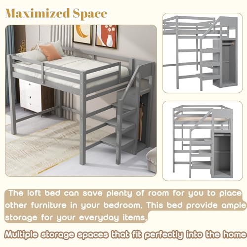 Full Size Loft Bed with Stairs and Built-in Storage Wardrobe, Wood Loft Bed Frame with Storage Shelves and Hanging Rod Gray Loft Beds for Kids Boys Girls Adults Teens Dorm Bedroom Bellemave