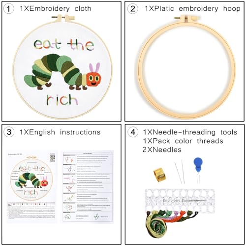 Hungry Caterpillar Embroidery Kits for Beginners Adults, Cute Embroidery Starter Kits, Counted Cross Stitch Kits for Beginners DIY Craft Kits for Adults Women, Embroidery Hoop, Thread & Video Tutorial