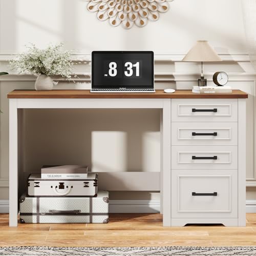 Vabches Farmhouse 49” Executive Desk with File Drawer, 4 Drawers Reversible Computer Desk with Storage, Rustic Home Writing Workstation for Home Office.White Brown Vabches