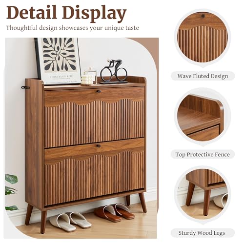 Bifins Shoe Storage Cabinet with 2 Flip Doors, 31.5" Narrow Fluted Design for Space Saving, Freestanding Entryway Shoe Organizer for Hallway & Living Room (Walnut) Bifins