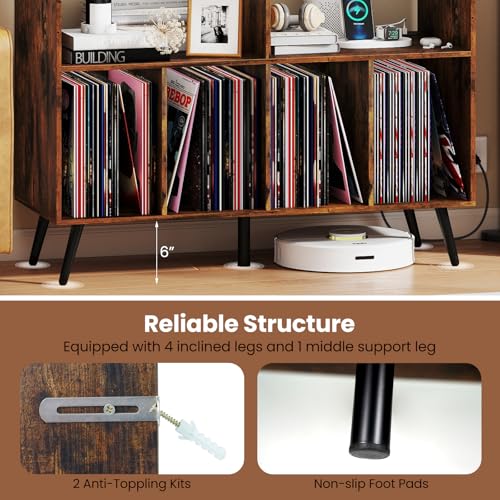 Giantex Large Record Player Stand with Charging Station, Turntable Stand Holds Up to 300 Albums, Record Player Table with Raised Leg, Vinyl Record Storage for Living Room (Rustic Brown) Giantex