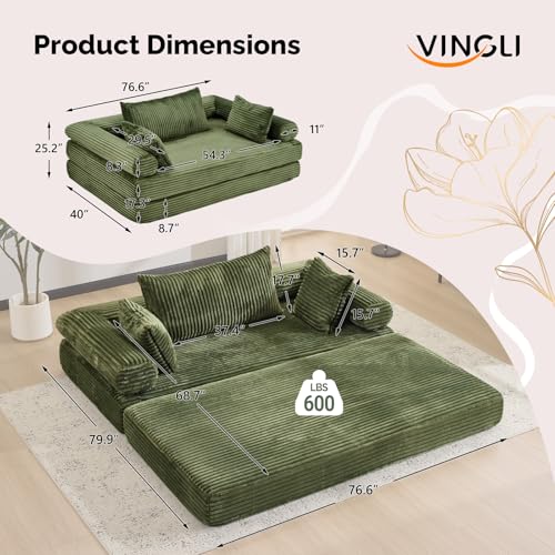 VINGLI Convertible Futon Sofa Bed, Upholstered Corduroy Boneless Couch King Size Floor Loveseat Sleeper Sofa with 2-in-1 Throw Pillow, Couches for Living Room, Bedroom, Lounge, Green VINGLI
