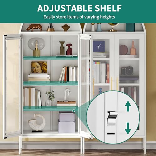 YITAHOME 71" Arched Glass Display Cabinet, Tall Metal Storage Cabinet with Adjustable Shelves and Glass Doors, White YITAHOME