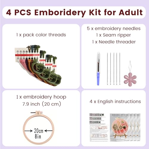 Huacan Embroidery Kits for Adults Beginner - 4 Pcs Floral Pattern Stitching Printed Bouquet DIY Sewing Kit 7.9 x 7.9 Inch (Bouquet 2)