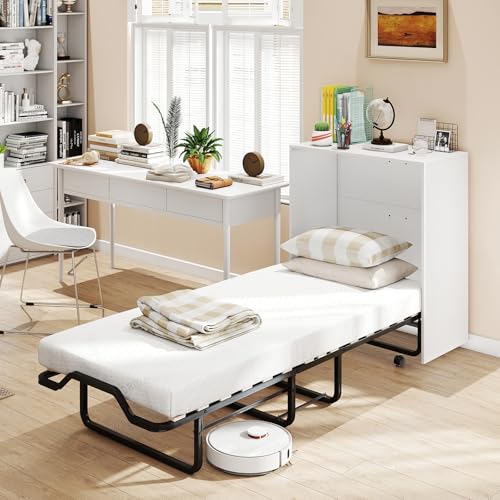 Giantex Murphy Bed Cabinet with Mattress - 74" x 31" Cot Size Folding Bed w/Storage, Metal Frame & Lockable Rolling Wheels, Space-Saving Roll Away Beds with Mattresses for Adults Guests (White) Giantex