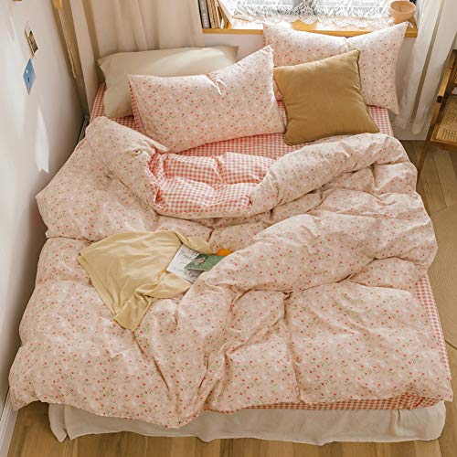 BlueBlue Rabbit Duvet Cover Set Queen 100% Cotton Bedding for Kids Boys Girls Teens Cartoon Bunny Red Flower Garden on Pink 1 Reversible Check Comforter Cover Full 2 Pillowcases BlueBlue