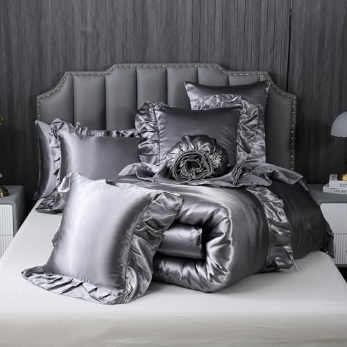 Herside Satin Comforter Set with Sheet Set Queen Size,8 Pieces Grey Ruffle Comforter Silk Like Satin Bedding Set,Soft Smooth Luxury Silky Quilt Set with 1 Cushion Cover All Season Herside