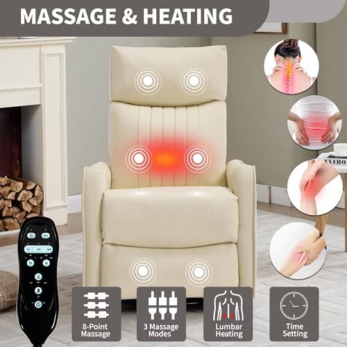 High Back Massage Recliner with Heat - Swivel Rocking Chair for Small Spaces, Manual Lazy Boy Recliner for Adults, Perfect for Living Room & Bedroom, Soft Fabric (Beige FL)