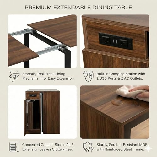 Transform Table Extendable Dining Room Table 23.62"-118.11" w/Charging Station, Folding Dining Table Hidden Storage, Space-Saving Console for Small Apartments, Seats 2-12 (Walnut, with Storage&Outlet) VENLUSUIR