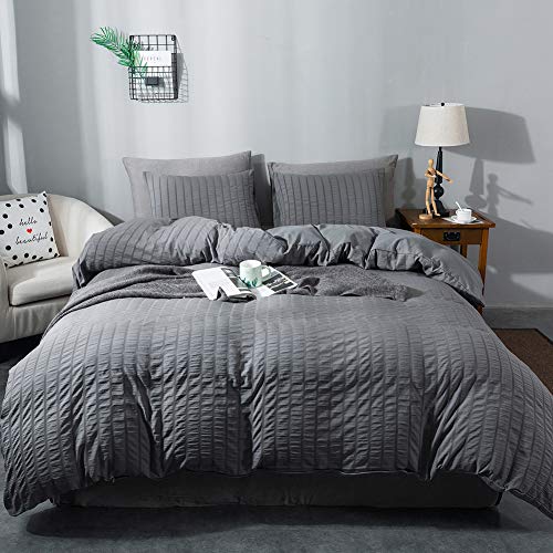 AveLom Queen Duvet Cover Set, 3 Pieces - 90 x 90 in, Dark Gray Microfiber with Zipper and Ties AveLom