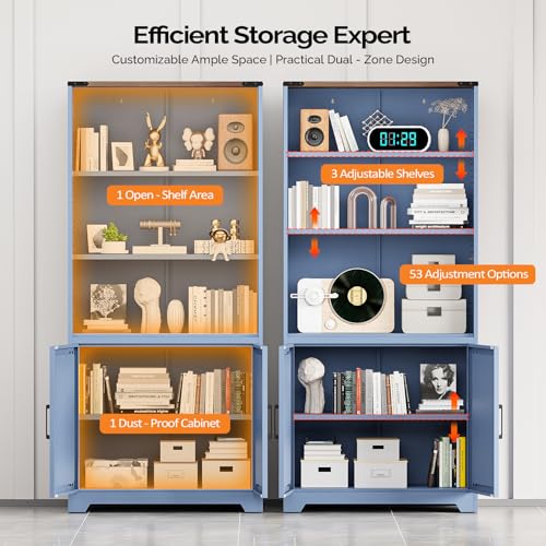VINGLI Blue Bookcase with Doors and Adjustable Shelves, Steel 70" Tall Bookshelf Display Cabinet, 6-Tier Tall Farmhouse Metal Storage Cabinet for Study, Living Room, Home Office, Kitchen Pantry VINGLI