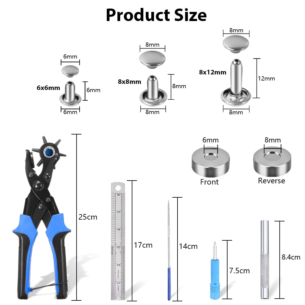 Belt Hole Puncher with 240 Sets of Leather Rivets - Updated Hole Sizes Puncher for Belt, Watch Band, Strap, Dog Collar, Saddle, Shoes, Fabric, DIY Home or Craft Project YIDAAN