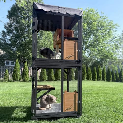Aivituvin Cat House Window Catio Outdoor Cat Enclosure Mobile Kitty Shelter on Wheels Pet Cage with Resting Box,Hammocks,Waterproof Cover Aivituvin