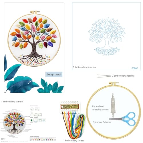 Zhenqing Rainbow Tree of Life Embroidery Kit for Beginners - 29x29cm Printed Fabric with Hoop & Full Tools (C0060)