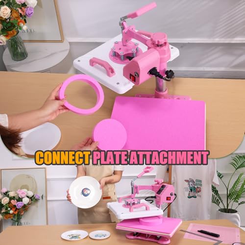Whubefy 8 in 1 Heat Press Machine for T Shirts 12x15 Inch with Dual-Tube Fast & Evenly Heating System for Mug Plate Hat Cap 360° Swing Away Multifunctional Digital Heat Transfer Sublimation Combo Pink Whubefy