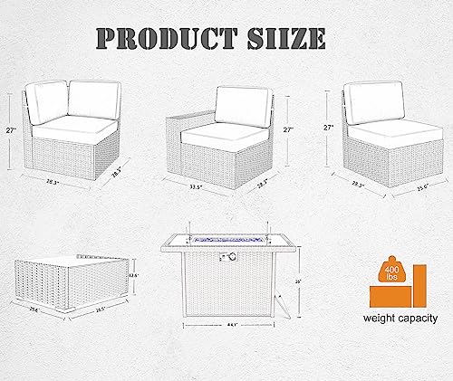 Vakollia 13 Pieces Patio Furniture Set with 44" Propane Gas Fire Pit Table, Outdoor Sectional Wicker Conversation Sofa Sets with Coffee Table Vakollia