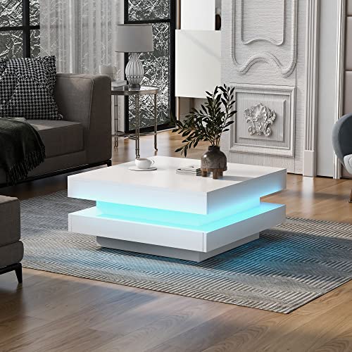 MERITLINE High Gloss Coffee Table with LED Lights, 2-Tier Square Center Table for Living Room, Easy Assembly for Living Room, White MERITLINE