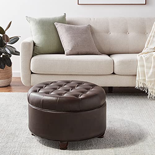Homepop Home Decor | Button Tufted Faux Leather Round Storage Ottoman | Ottoman with Storage for Living Room & Bedroom (Distressed Brown) HomePop