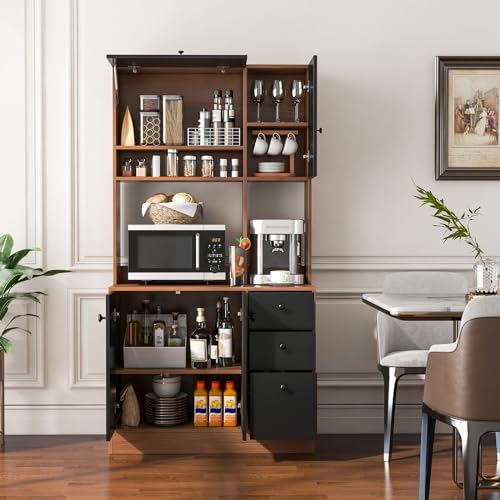 PETSITE Kitchen Buffet Hutch Storage Cabinet, 71'' Freestanding Pantry with 3 Cabinets & Drawers, Adjustable Shelves, Microwave Cupboard for Living Room, Dining Room PETSITE