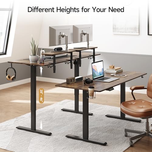 ONBRILL Standing Desk with 2 Adjustable Monitor Shelves, 63 x 24 Inches Electric Stand Up Desk with Memory Controller and Adjustable Height from 28-46 inches for Computer Workstations, Rustic Brown ONBRILL