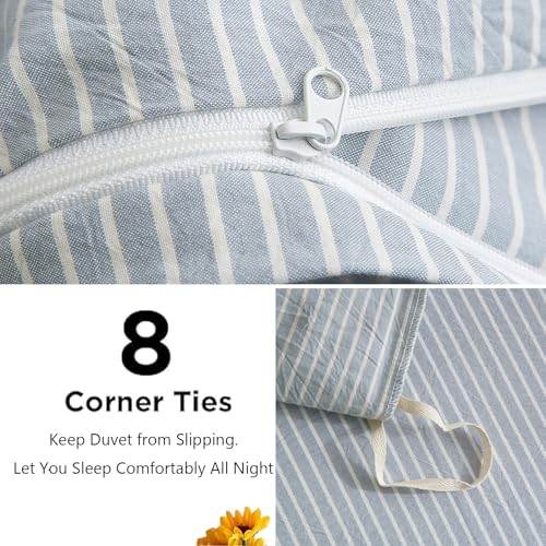 MWL Toy Striped Duvet Cover Set Full Size 3 Pcs Breathable Durable 100% Washed Cotton Comforter Cover for All Seasons Chic Linen Like Textured Bedding Set (Light Blue White Pinstripes, Full) MWL Toy