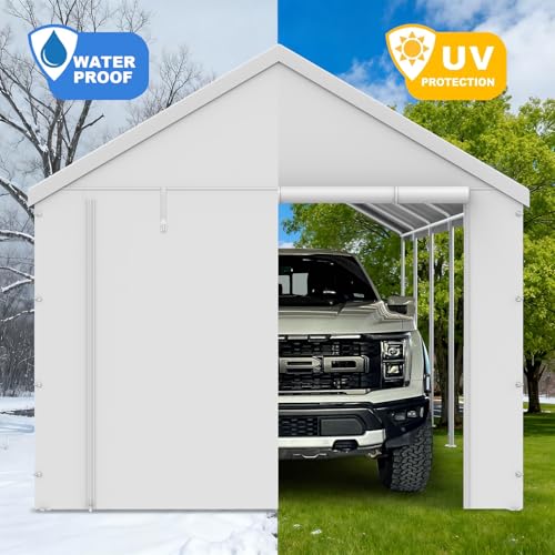 10x20FT Carport Canopy Front/Back Panel Entrance Door Tarp with Zippers, Waterproof & UV Protected Replacement Sidewall Cover with Ball Bungees (White) Voxary