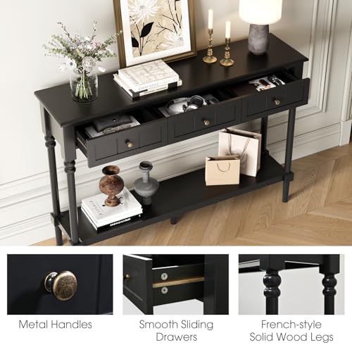 JOINICE Console Tables with Drawers,43" Entryway Table with Shelf and Solid Wood Legs,Narrow Long Sofa Table with Storage, Wood Foyer Tables for Entryway,Living Room,Hallway,Black JOINICE
