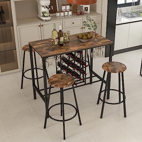 COSTWAY 5-Piece Bar Height Dining Set, 4-Person Table and Stools with Wine Racks & Glass Holders, Kitchen Breakfast Set for Home, Coffee Shop, Rustic Brown & Black COSTWAY