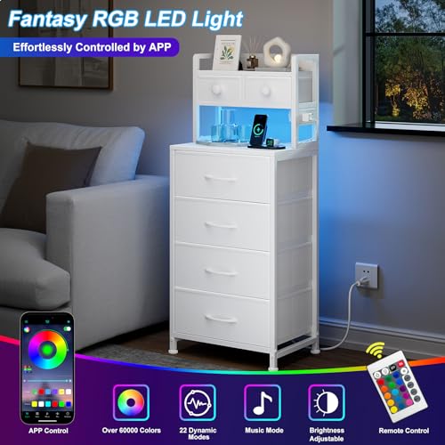 REAHOME 41 Inch Tall Nightstand with Charging Station, LED Night Stand with 6 Fabric Drawers, Bed Side Table with 3-Tier Wood Storage Shelves for Bedroom, Office, Small Spaces, White REAHOME